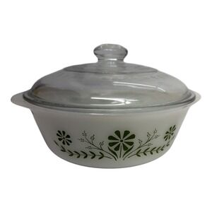 Glasbake Green Daisy W/Lid Casserole Dish 1.5 Qt Milk Glass J-2600
